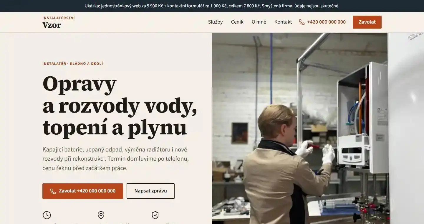 Ukázkový web Instalatérství Vzor: úvod s nadpisem Opravy a rozvody vody, topení a plynu, tlačítkem Zavolat a fotkou technika u kotle