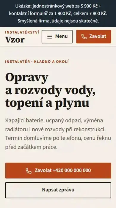 Tentýž web na telefonu: hlavička s tlačítky Menu a Zavolat, nadpis a tlačítko pro volání přes celou šířku